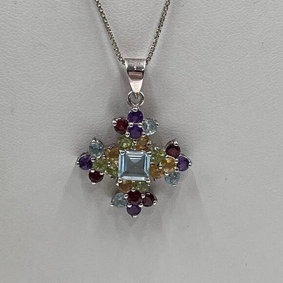 Sterling Silver Multi Color Gemstones Signed Cross Pendant Necklace Garnet Topaz - Picture 1 of 13